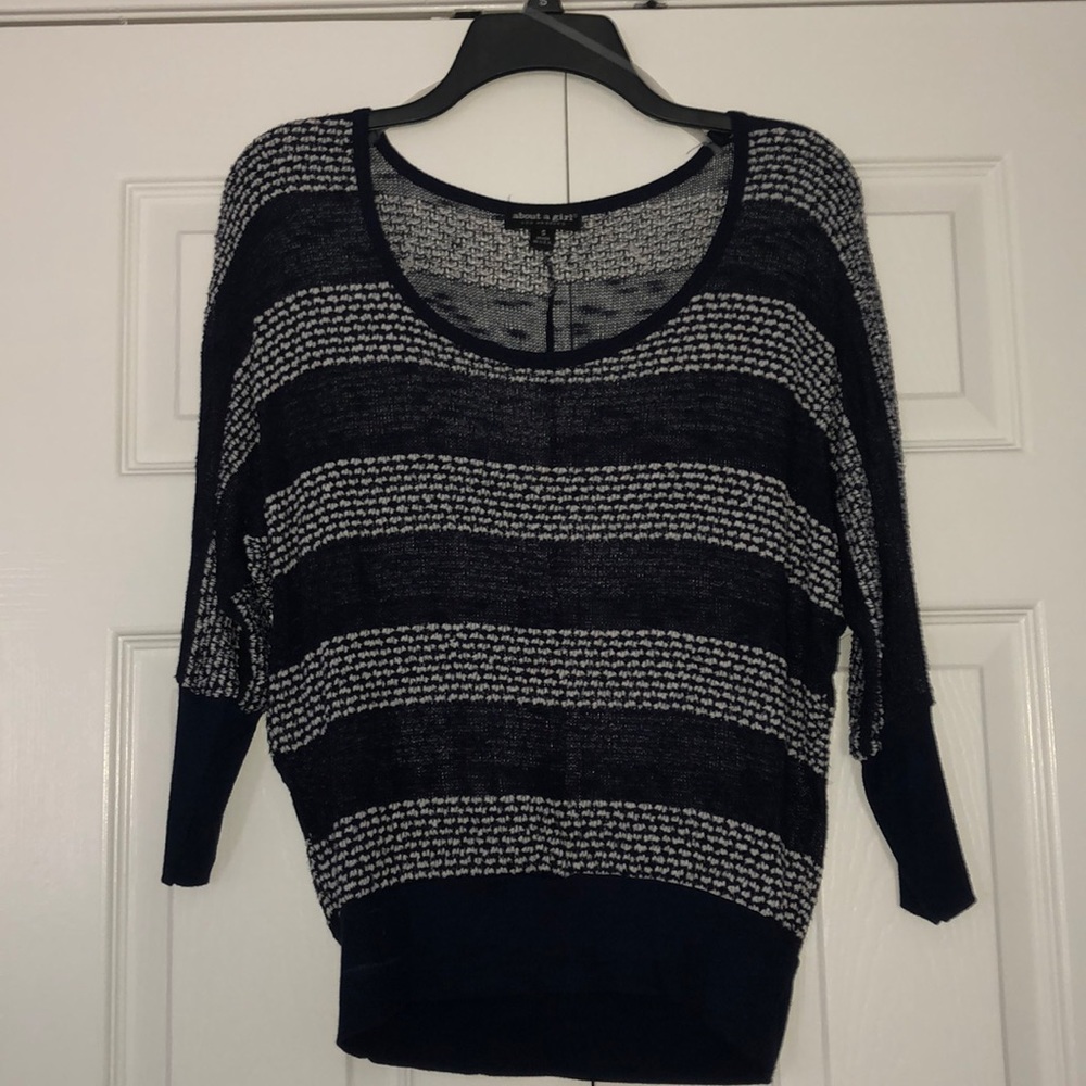 3/4 sleeve navy and white striped sweater